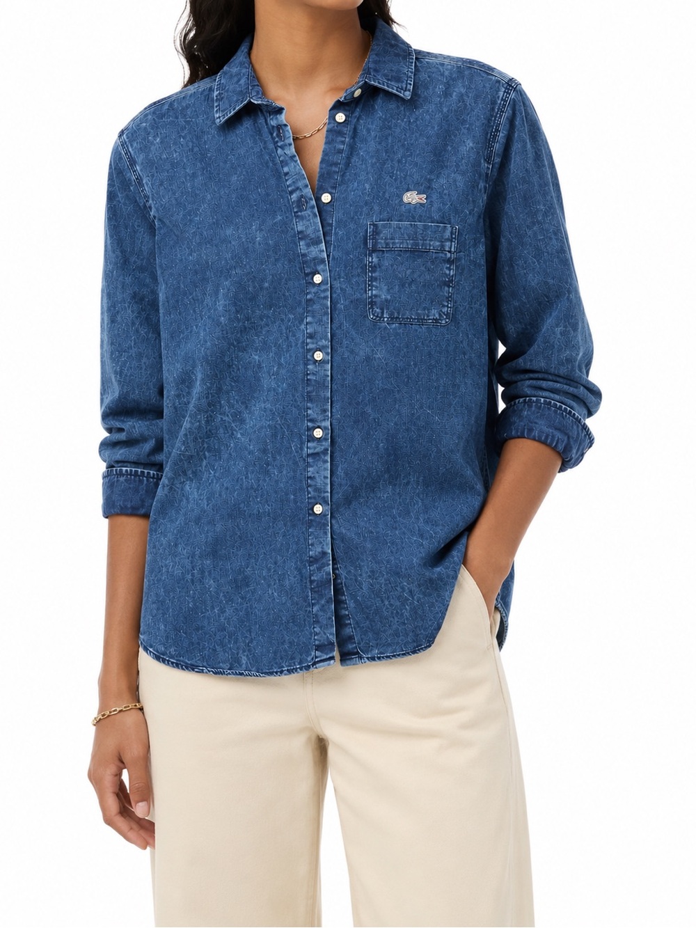Lacoste L!VE Women's Blue Denim Acid Wash Button-Up Shirt